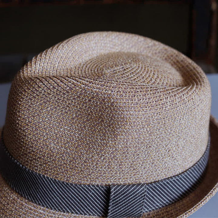 Sombrero Fedora de paja playero con cinta a rayas elegante para hombre