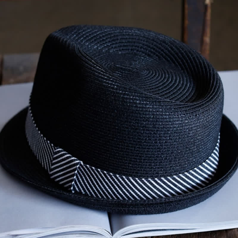 Sombrero Fedora de paja playero con cinta a rayas elegante para hombre