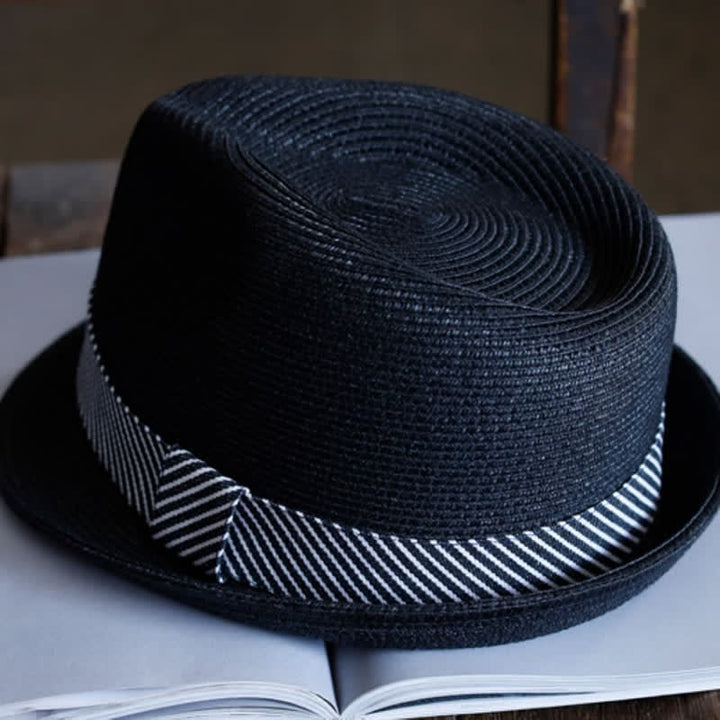 Sombrero Fedora de paja playero con cinta a rayas elegante para hombre