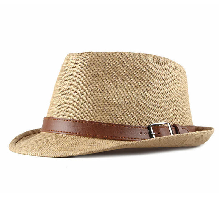 Sombrero Fedora de paja con decoración de cuero informal y elegante para hombre