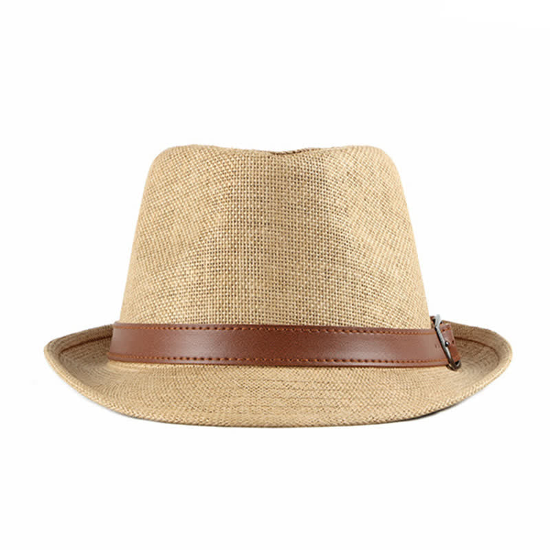 Sombrero Fedora de paja con decoración de cuero informal y elegante para hombre
