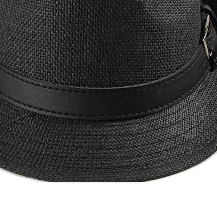 Sombrero Fedora de paja con decoración de cuero informal y elegante para hombre