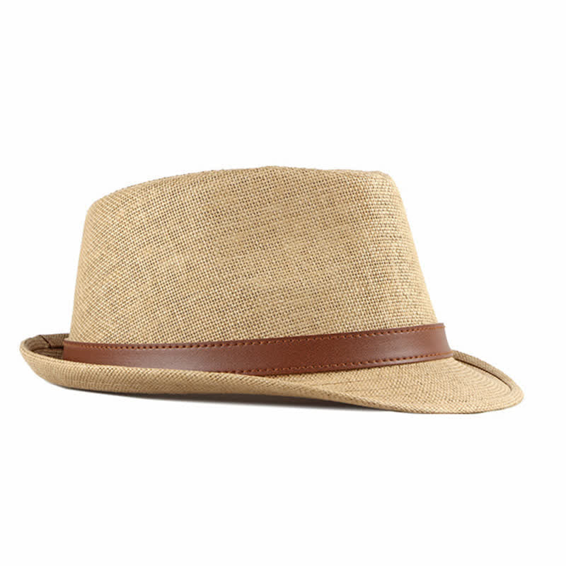 Sombrero Fedora de paja con decoración de cuero informal y elegante para hombre