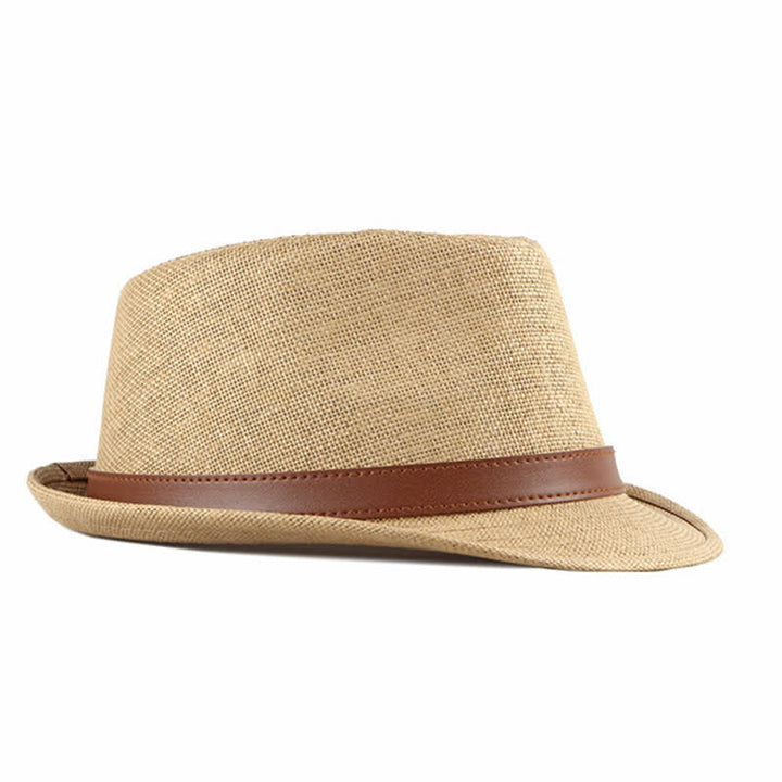 Sombrero Fedora de paja con decoración de cuero informal y elegante para hombre