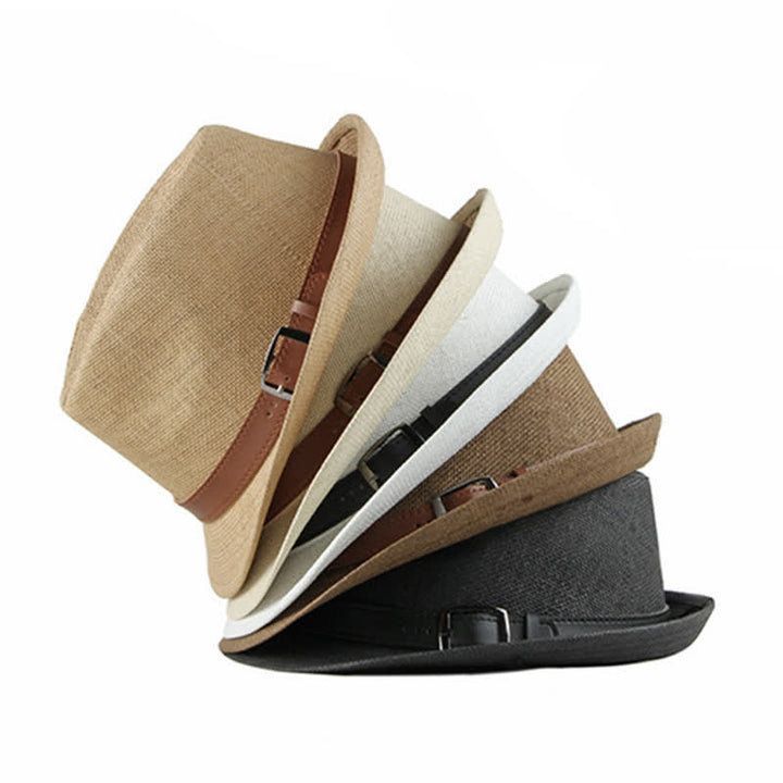 Sombrero Fedora de paja con decoración de cuero informal y elegante para hombre