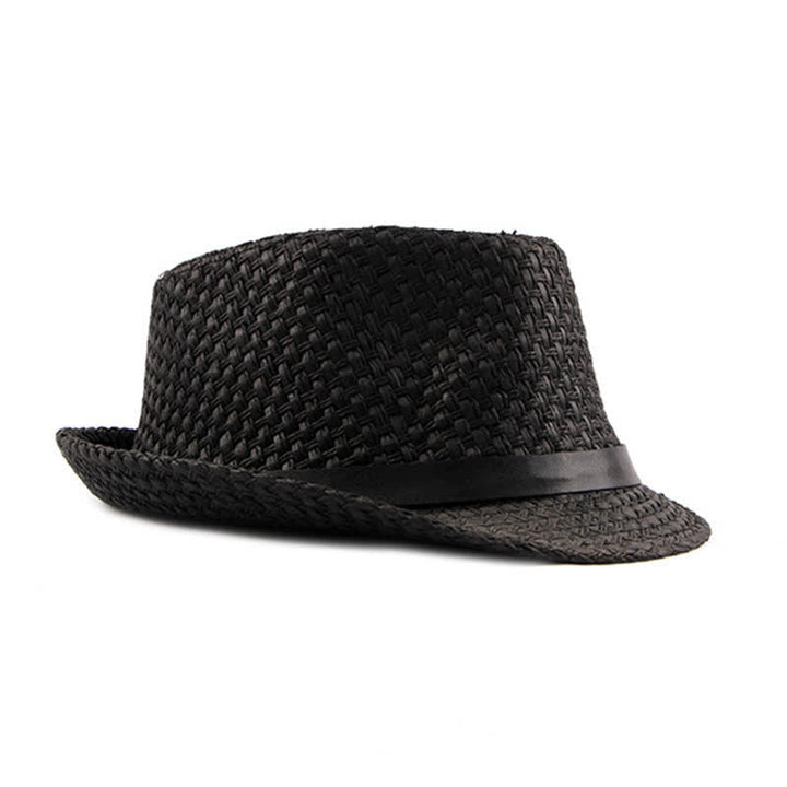 Sombrero fedora de paja para playa con decoración de banda de cuero tejido para hombre