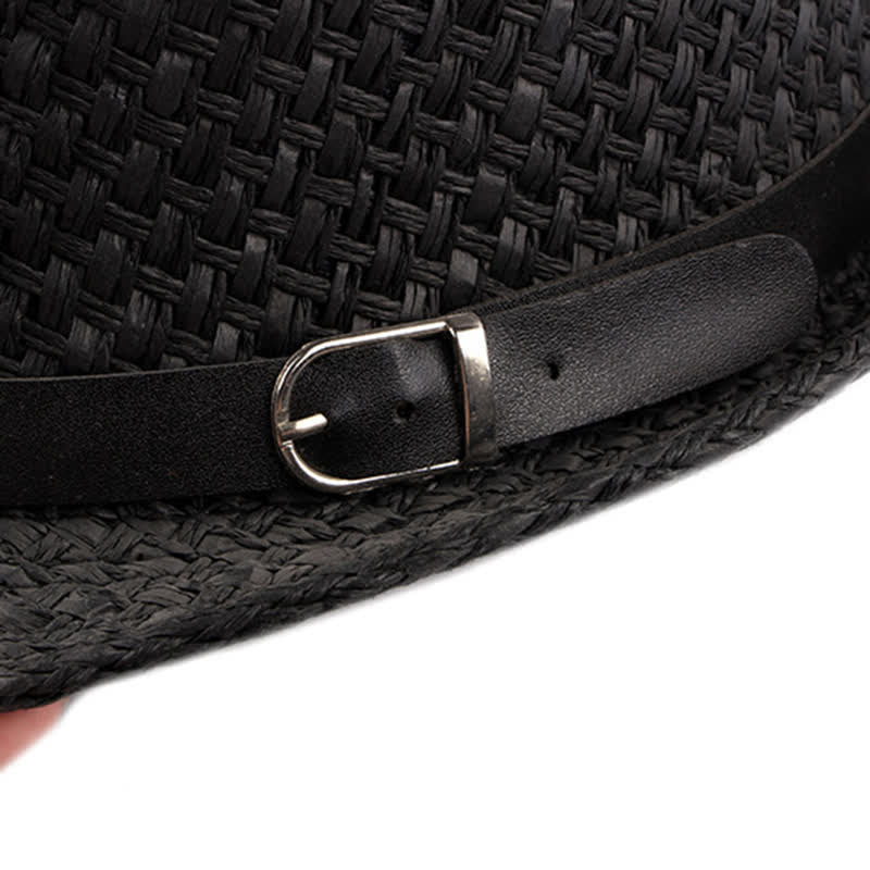 Sombrero fedora de paja para playa con decoración de banda de cuero tejido para hombre
