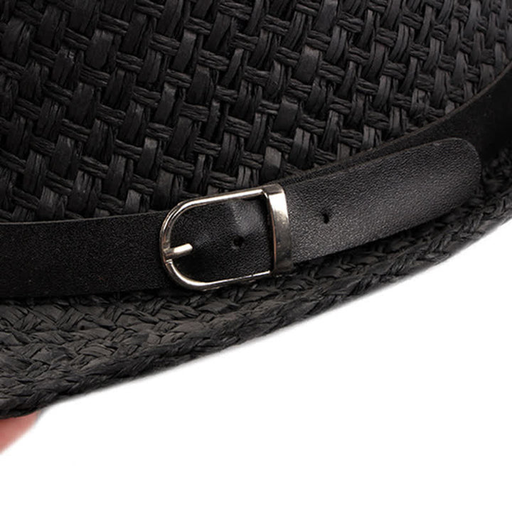 Sombrero fedora de paja para playa con decoración de banda de cuero tejido para hombre