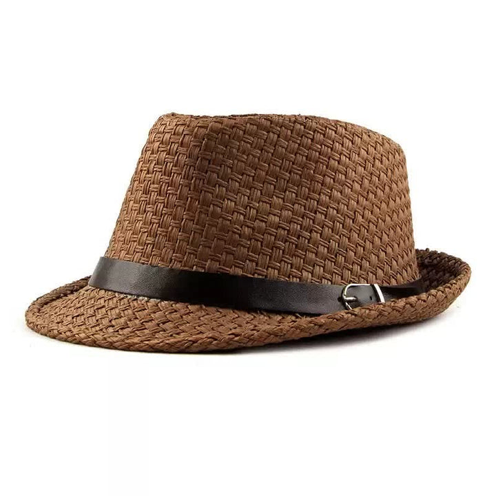 Sombrero fedora de paja para playa con decoración de banda de cuero tejido para hombre