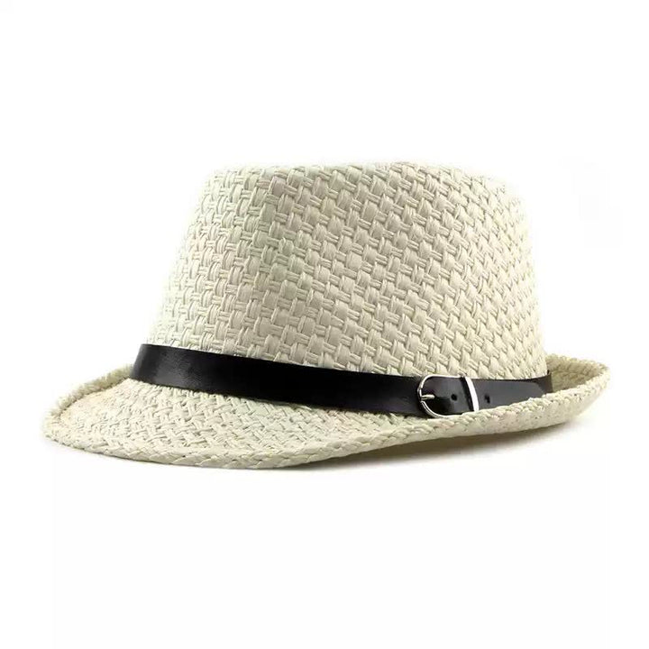 Sombrero fedora de paja para playa con decoración de banda de cuero tejido para hombre