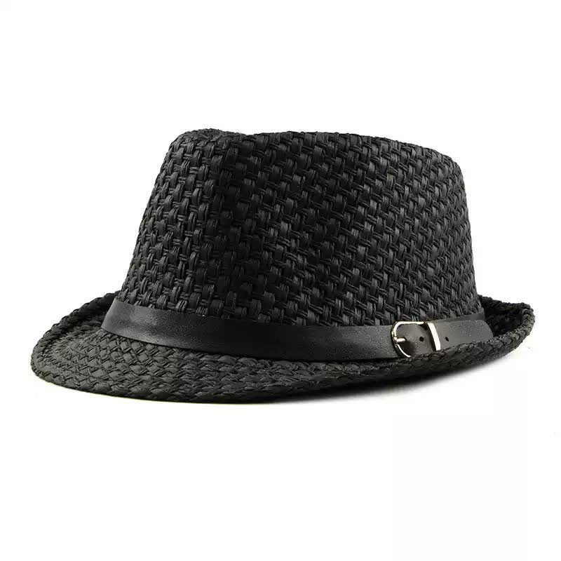 Sombrero fedora de paja para playa con decoración de banda de cuero tejido para hombre