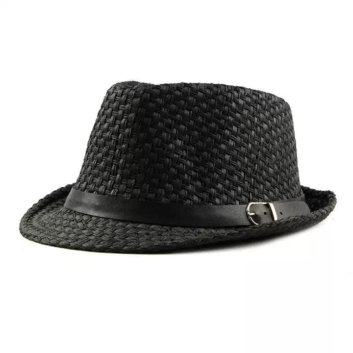 Sombrero fedora de paja para playa con decoración de banda de cuero tejido para hombre