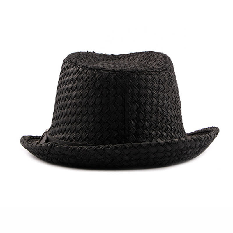 Sombrero fedora de paja para playa con decoración de banda de cuero tejido para hombre
