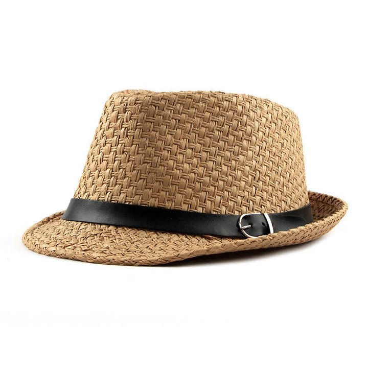 Sombrero fedora de paja para playa con decoración de banda de cuero tejido para hombre
