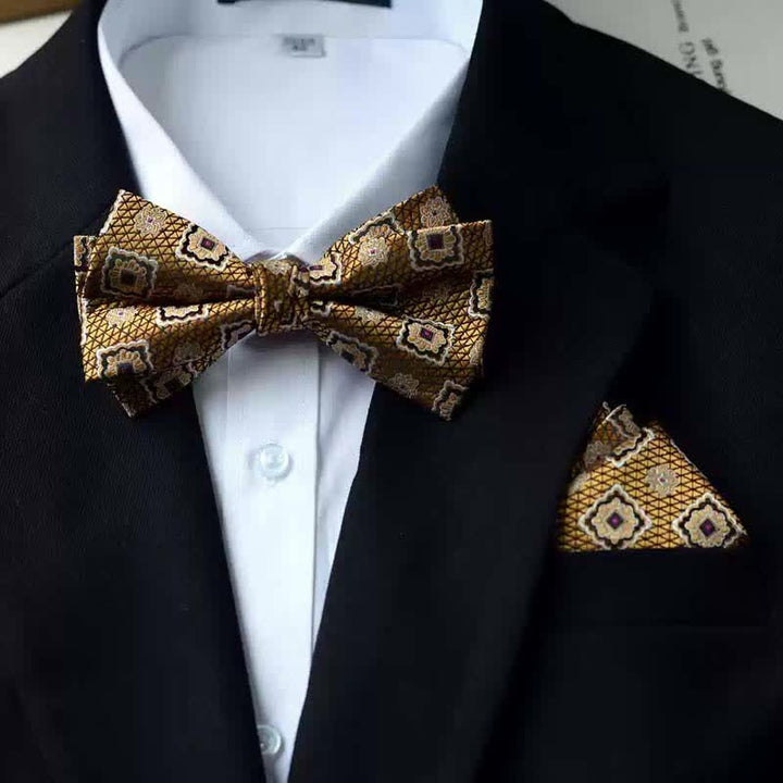 Pajarita con pañuelo de doble capa con estampado vintage para hombre
