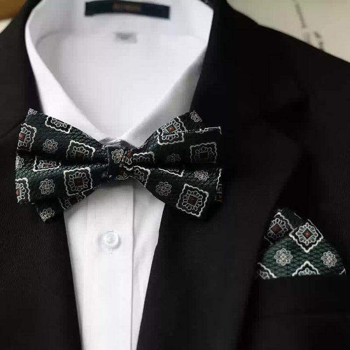 Pajarita con pañuelo de doble capa con estampado vintage para hombre