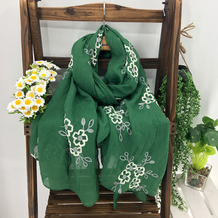 Bufanda fina de lino y algodón con bordado de flores para mujer