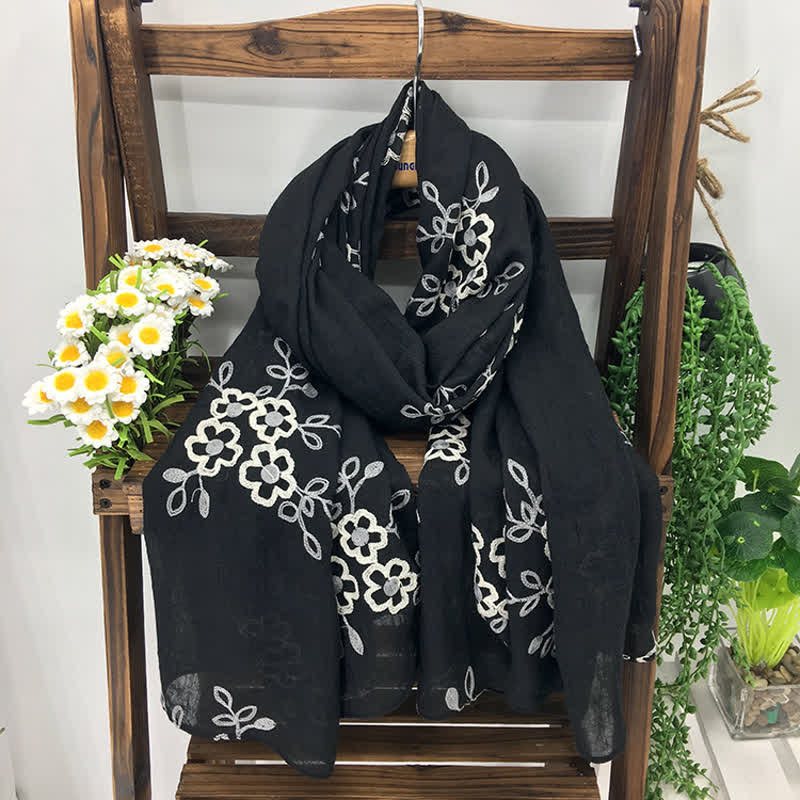 Bufanda fina de lino y algodón con bordado de flores para mujer
