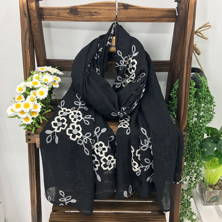 Bufanda fina de lino y algodón con bordado de flores para mujer