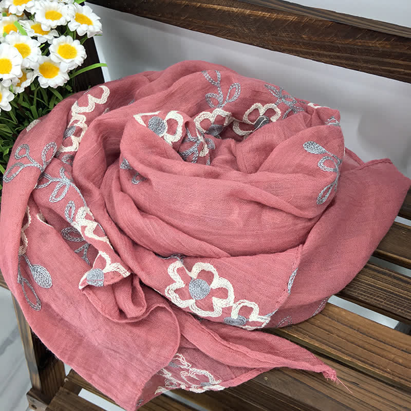 Bufanda fina de lino y algodón con bordado de flores para mujer