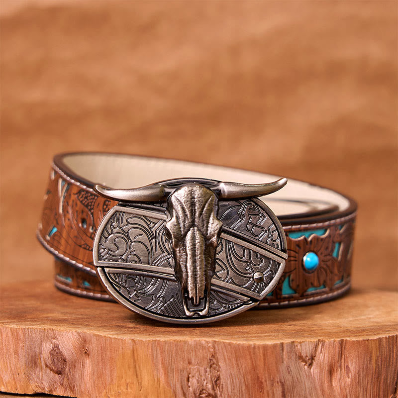 Cinturón de cuero con hebilla vintage estilo occidental de plata con cuchillo oculto de cabeza de toro