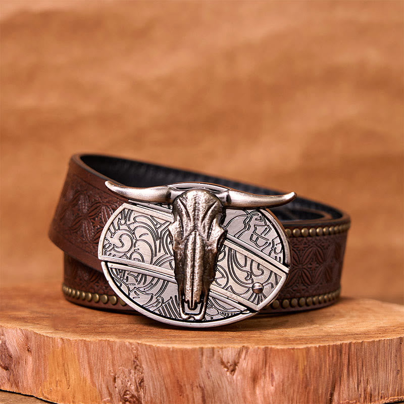 Cinturón de cuero con hebilla vintage estilo occidental de plata con cuchillo oculto de cabeza de toro