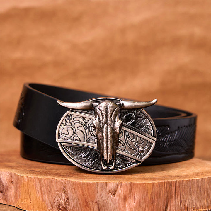 Cinturón de cuero con hebilla vintage estilo occidental de plata con cuchillo oculto de cabeza de toro
