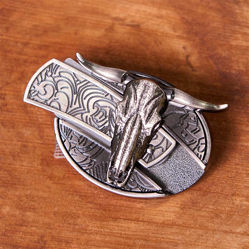 Cinturón de cuero con hebilla vintage estilo occidental de plata con cuchillo oculto de cabeza de toro