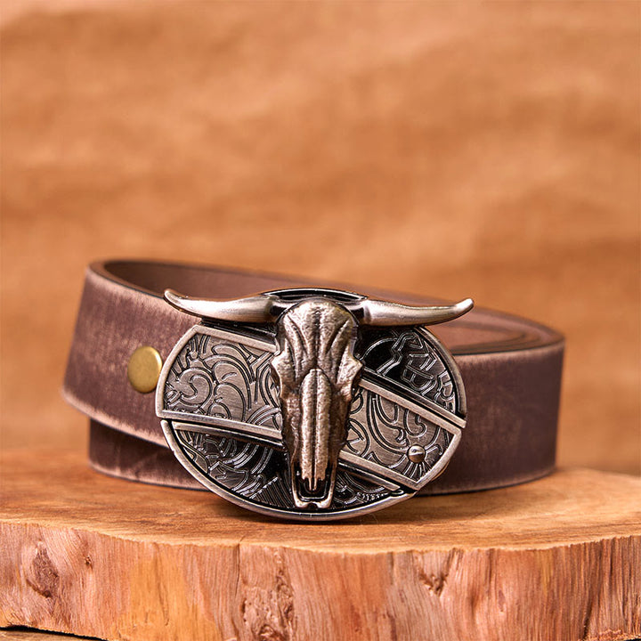 Cinturón de cuero con hebilla vintage estilo occidental de plata con cuchillo oculto de cabeza de toro
