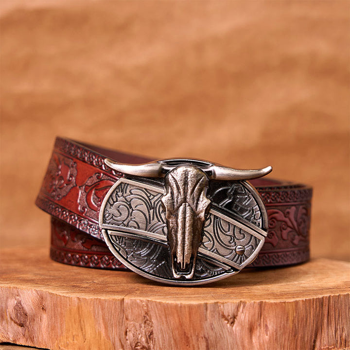 Cinturón de cuero con hebilla vintage estilo occidental de plata con cuchillo oculto de cabeza de toro