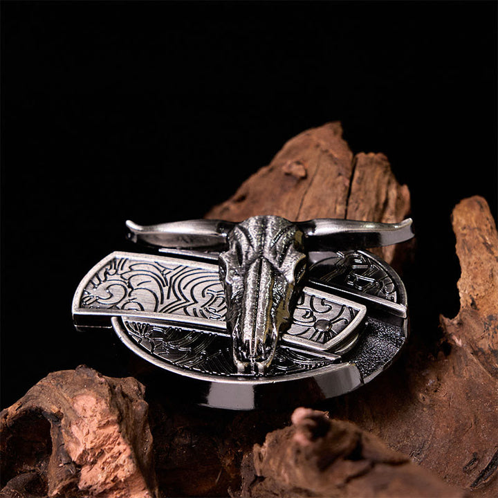 Cinturón de cuero con hebilla vintage estilo occidental de plata con cuchillo oculto de cabeza de toro