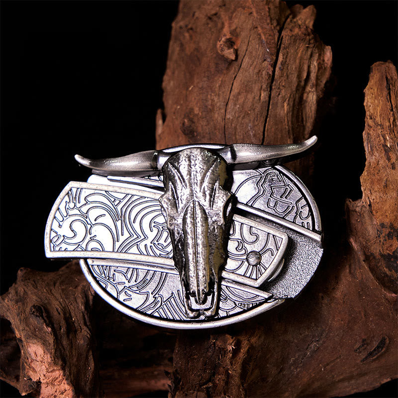 Cinturón de cuero con hebilla vintage estilo occidental de plata con cuchillo oculto de cabeza de toro