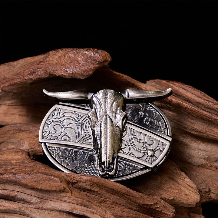 Cinturón de cuero con hebilla vintage estilo occidental de plata con cuchillo oculto de cabeza de toro