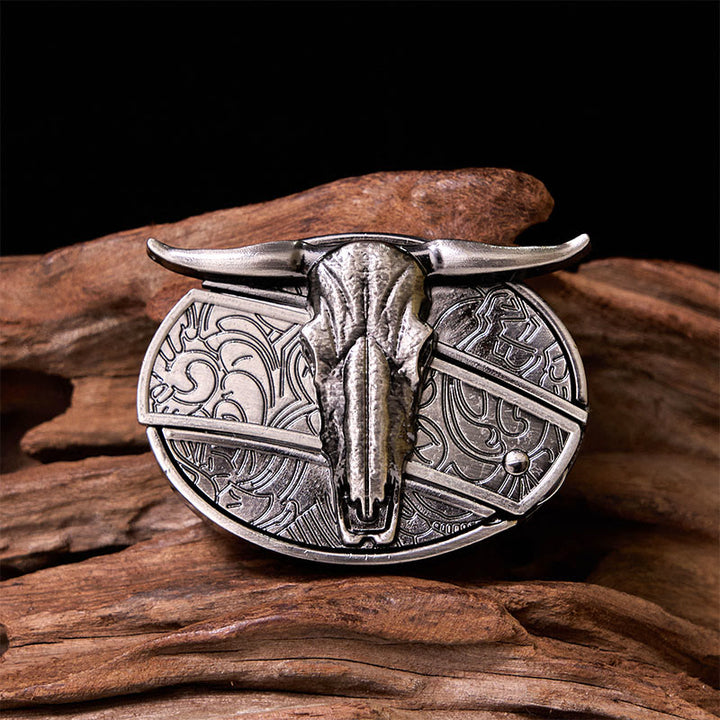 Cinturón de cuero con hebilla vintage estilo occidental de plata con cuchillo oculto de cabeza de toro