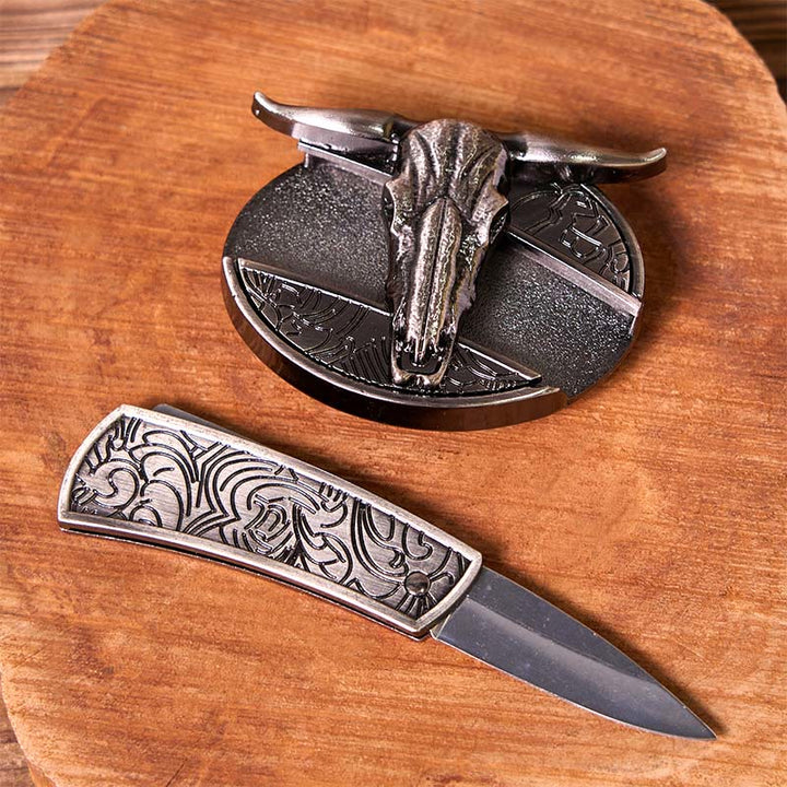 Hebilla de cinturón con cuchillo oculto de vaca occidental y juego de anillos de toro