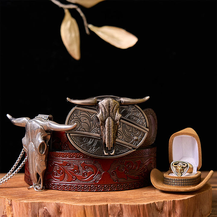 Hebilla de cinturón con cuchillo oculto de vaca occidental y juego de anillos de toro - Toros - Cinturón tallado marrón - 42 - image 9