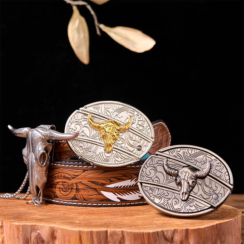 Hebilla de cinturón con cuchillo oculto y colgante de cuerno largo, DIY, de Double Bulls - Toros de oro y plata - Cinturón de plumas marrones - 40 - image 6