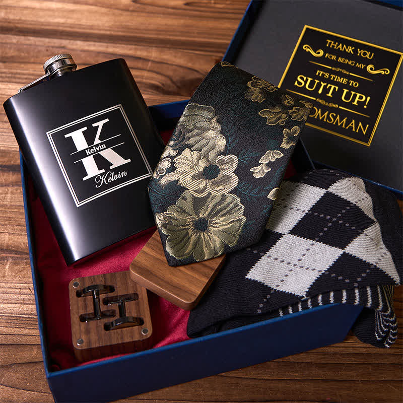 Juego de 4 piezas de corbata, puños, calcetines y traje, frasco personalizable, caja de regalo para padrinos de boda
