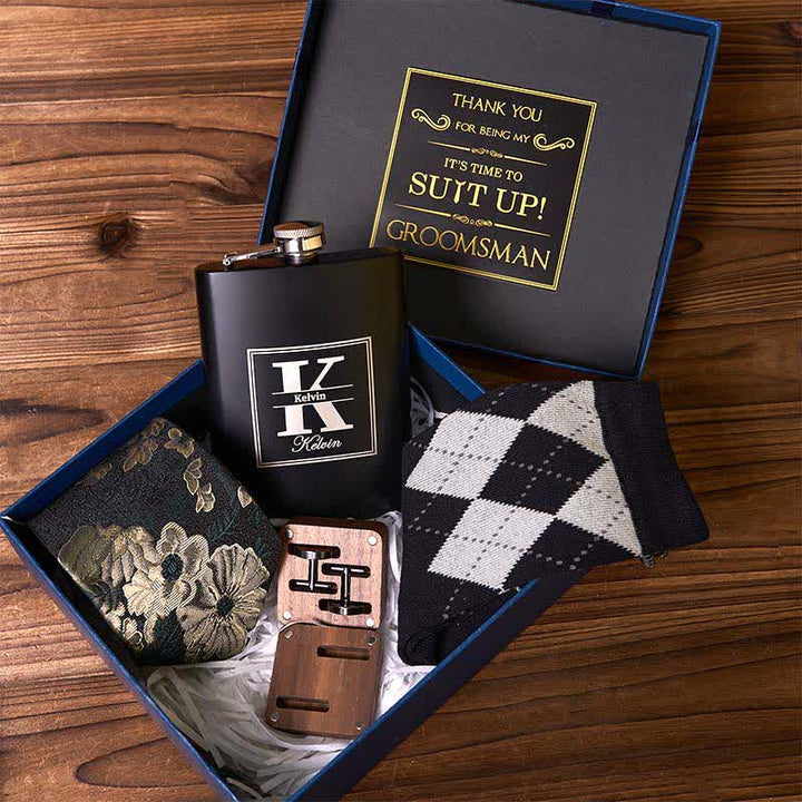 Juego de 4 piezas de corbata, puños, calcetines y traje, frasco personalizable, caja de regalo para padrinos de boda