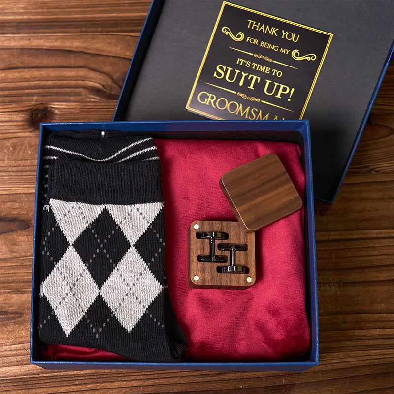 Juego de 4 piezas de corbata, puños, calcetines y traje, frasco personalizable, caja de regalo para padrinos de boda