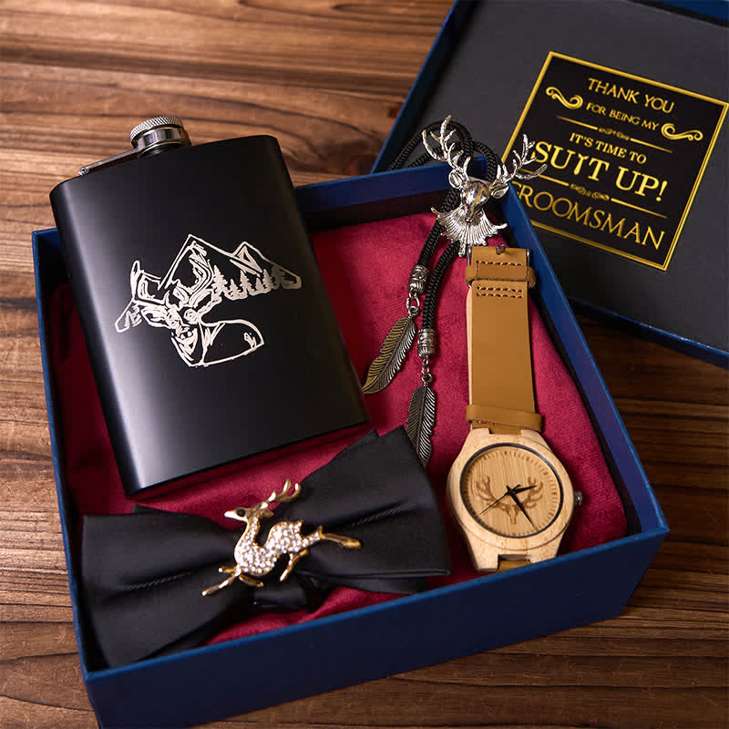 4 piezas de pajarita negra con temática de ciervo, frasco, corbata de bolo, reloj de madera, caja de regalo para padrinos de boda