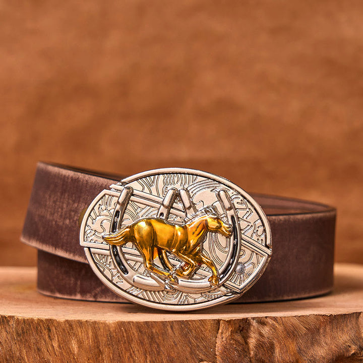 Cinturón de cuero con hebilla occidental, cuchillo oculto, caballo en forma de U (Preventa)