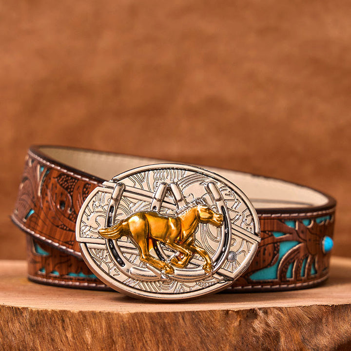 Cinturón de cuero con hebilla occidental, cuchillo oculto, caballo en forma de U (Preventa)