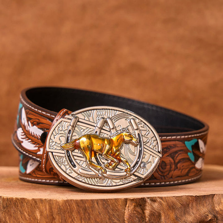 Cinturón de cuero con hebilla occidental, cuchillo oculto, caballo en forma de U (Preventa)