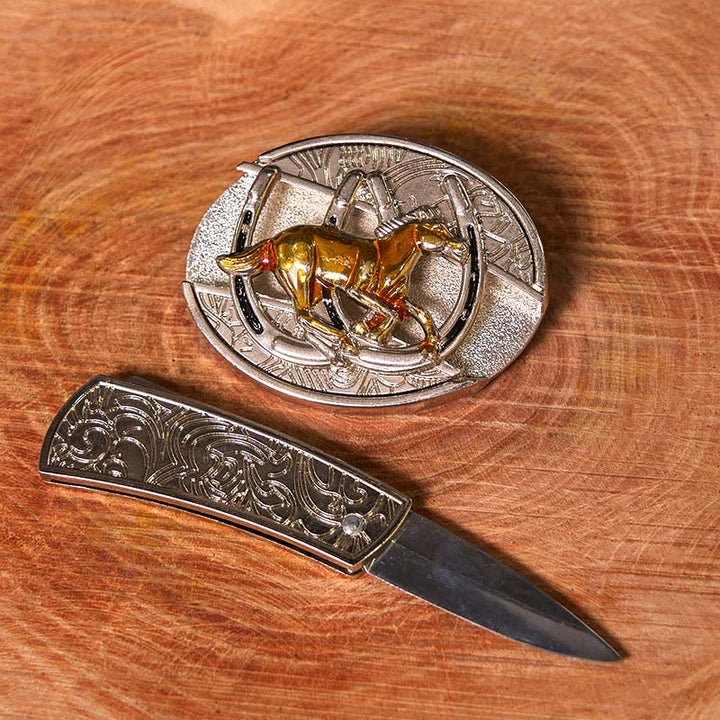 Cinturón de cuero con hebilla occidental, cuchillo oculto, caballo en forma de U (Preventa)