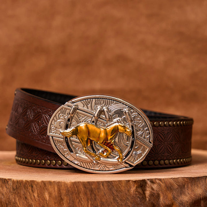 Cinturón de cuero con hebilla occidental, cuchillo oculto, caballo en forma de U (Preventa)