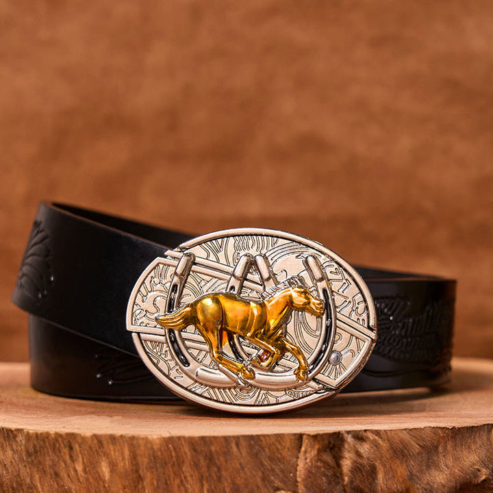 Cinturón de cuero con hebilla occidental, cuchillo oculto, caballo en forma de U (Preventa)