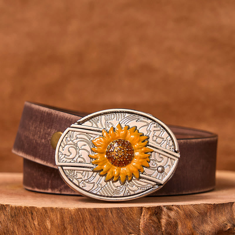Cinturón de cuero con hebilla estilo western para hombre, con diseño de girasol colorido y cuchillo oculto (Preventa)