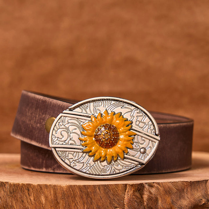 Cinturón de cuero con hebilla estilo western para hombre, con diseño de girasol colorido y cuchillo oculto (Preventa)