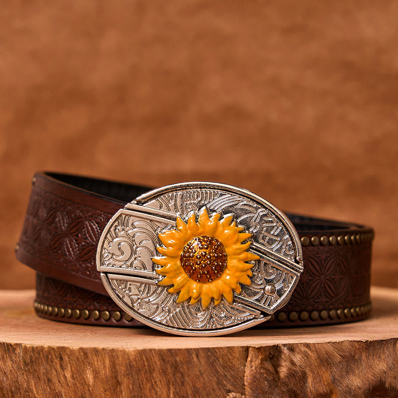 Cinturón de cuero con hebilla estilo western para hombre, con diseño de girasol colorido y cuchillo oculto (Preventa)